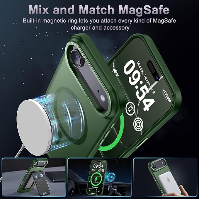 Newfuture Magnetic for iPhone Air Case [Compatible with Magsafe] [Military Grade Drop Protection] Translucent Matte Anti-Scratch Shockproof Protective Phone Cover 6.5 Inch, Dark Green