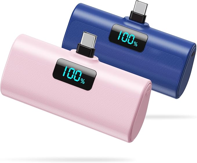 [2-Pack]Portable Charger for iPhone 16/15 Series,5200mAh PD USB C Power Bank Built-in USB-C Connector,Battery Pack Compatible with iPhone 16/16 Plus/16 Pro/16 Pro Max/15 Series,Android (Pink+Blue)