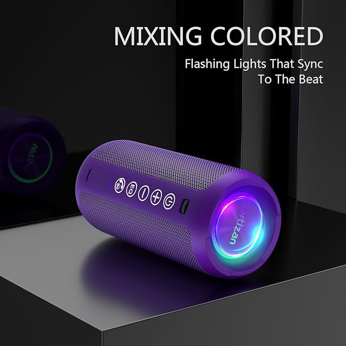 Ortizan Portable Bluetooth Speaker: IPX7 Waterproof, 24W Loud Sound, Deep Bass, Bluetooth 5.3, LED Lights, Wireless Stereo Pairing, 30H Playtime, for Home/Outdoor/Party/Beach, Birthday Gift, Purple