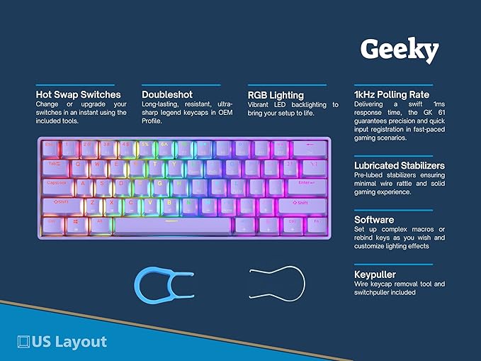 Geeky GK61 60% | Hot Swappable Mechanical Gaming Keyboard | 61 Keys Multi Color RGB LED Backlit for PC/Mac Gamer | ANSI US American Layout (Lavender, Mechanical Speed Silver)