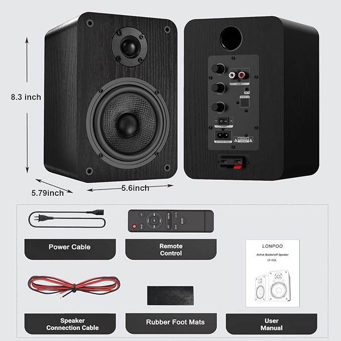 LONPOO Bluetooth Bookshelf Speakers, 60W Powered Speakers with Bluetooth/AUX-in/Optical/RCA (Black)