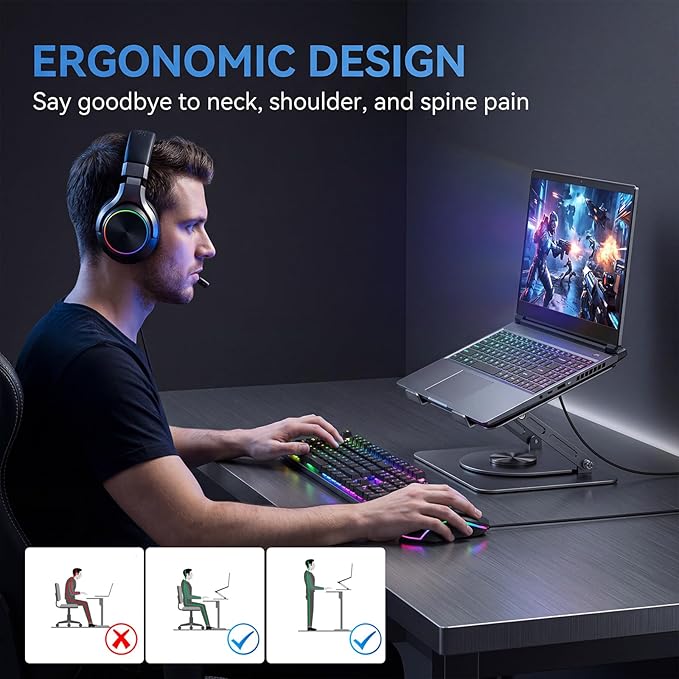 Leeboom Adjustable Laptop Stand for Desk, Ergonomic Height Adjustable Riser, 360° Rotating & Foldable, Ventilated Cooling, Fits Up to 17.3” Laptops (Including Gaming Laptops), Dark Silver