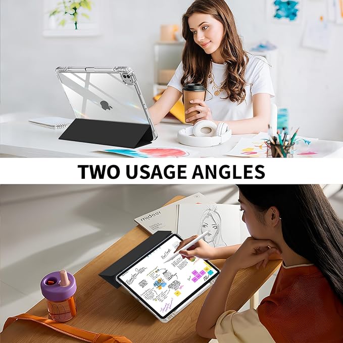 Clear Case for iPad Pro 12.9 inch 6th/5th/4th/3rd Gen with Pencil Holder [Support Pencil Charging] Auto Wake/Sleep, Lightweight Shockproof Trifold Stand Transparent Hard PC Back Cover, Black-2