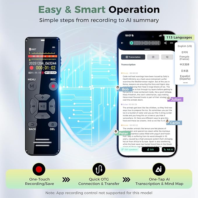 AI Digital Voice Recorder 128GB: AI Transcribe & Summarize Note Taker, Voice Activated Recorder with Playback, Portable Audio Recorder & Tape Recorder for Meetings Lectures, OTG Support