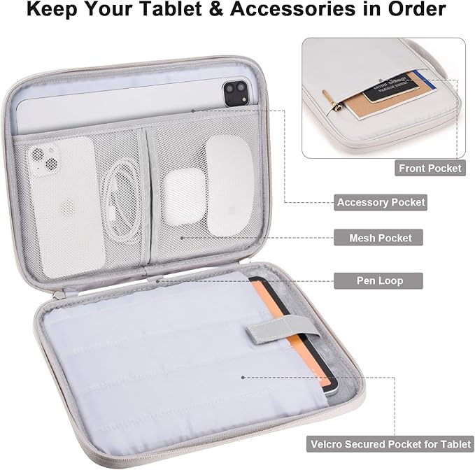 11 Inch iPad Travel Case Organizer, Padded Tablet Carrying Sleeve Bag for iPad Pro 11-in (M4), iPad 10.9 (10th Gen), iPad Air 11-in (M2), Galaxy Tab S8/S9 (White Grey-11)