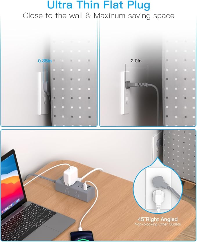 10Ft Extension Cord with Multiple Outlets,Flat Plug Power Strip Surge Protector with 10 Ft Long Cord,6 Outlet 4 USB Ports (2USB C),Multi Outlet Wall Plug for Travel,College,Dorm Essentials-Grey