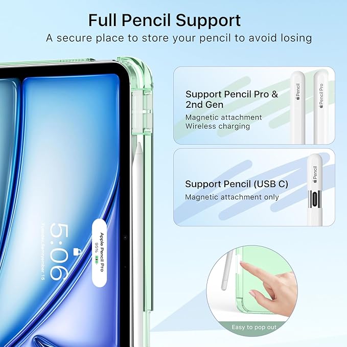 MoKo for iPad Air 11 inch Case (M4/M3/M2) 2026/2025/2024, iPad Air 5th/4th Gen 10.9 inch Case 2022/2020 with Pencil Holder, Slim Light Trifold Cover with Hard PC Translucent Back Shell, Matcha Green