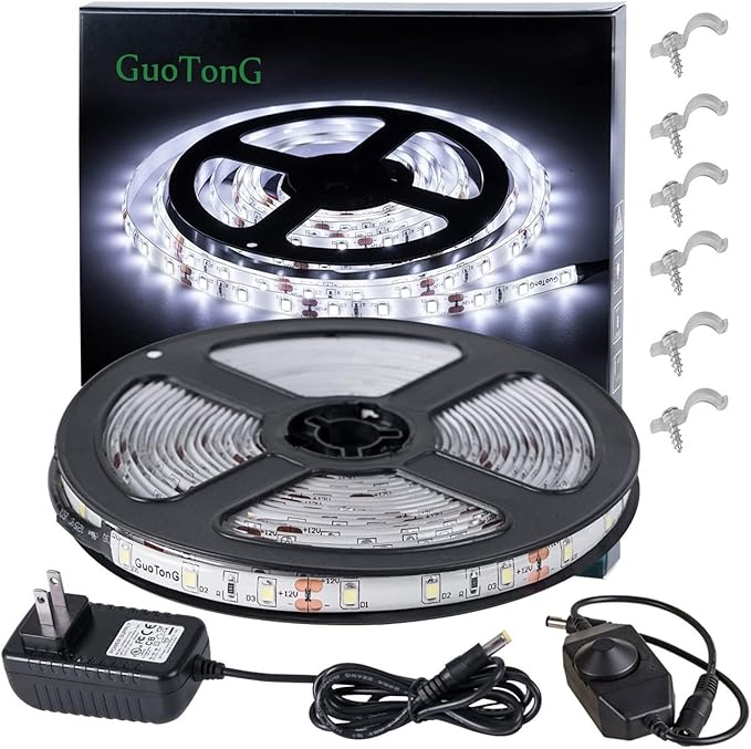 White LED Strip Lights, Waterproof cuttable 300 SMD 2835 LED Tape, 6000K 12V Flexible Ribbon, Kitchen Cabinet Lighting, Outdoor/Indoor (White(16.4ft))