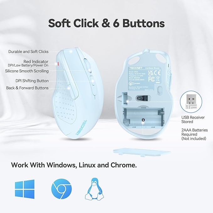 TECKNET Wireless Mouse, 2.4G Ergonomic Optical Mouse, Computer Mouse for Laptop, PC, Computer, Chromebook, Notebook, 6 Buttons, 24 Months Battery Life, 2600 DPI, 5 Adjustment Levels - Lightblue