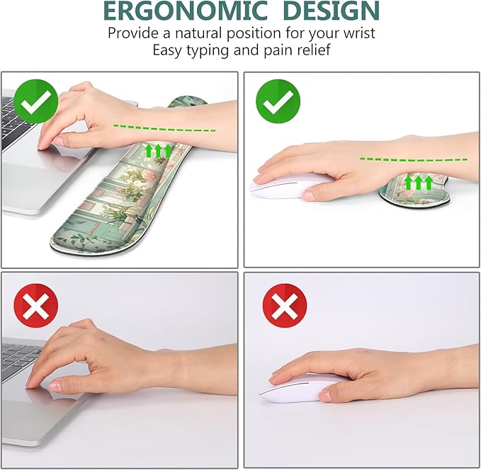 DINKY Large Mouse Pad and Keyboard Wrist Rest Set, Extended Desk Mat Keyboard Wrist Rest, 4in1 Ergonomic Memory Foam Desk Mat Protector Blotter for Home Office-Nice Green Window