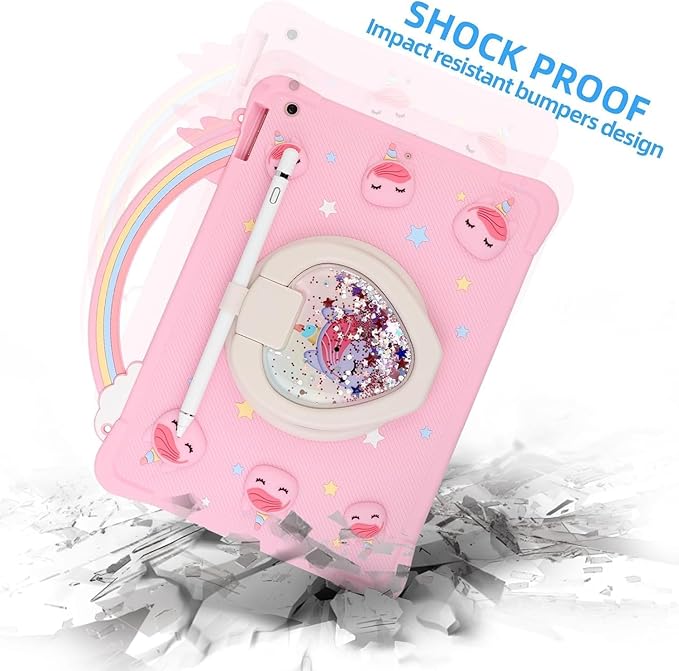 [Super Cute Rainbow Unicorn Case] Kids Case for iPad 9.7'' Air 1st Gen/iPad 5 2016 Model Case Cover for Kids Girls with Hand Strap and 360° Rotating Stand - Pink