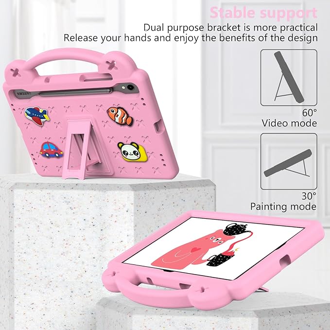 AKABEILA Compatible with Samsung Galaxy Tab S10 FE 2025 Tablet Case, Kids Friendly Universal Lightweight Shockproof Protective Case with Shoulder Strap & Stand Handle Pink