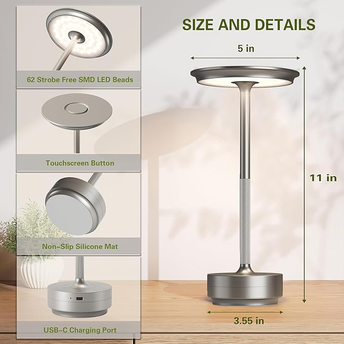 Cordless Table Lamps, LED Rechargeable Outdoor Waterproof Portable Touch Battery Table Lamps with Memory Function, Built-in 5000mAh,Battery for Patio/Campsite/Work(Silver)