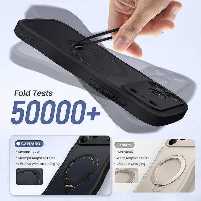 CAPRARO for iPhone 17 Pro Case with 360° Spin Magnetic Stand for Women, [Compatible with MagSafe] [Full Camera Protection] Cute Wave Translucent Matte Case for iPhone 17 Pro, Black
