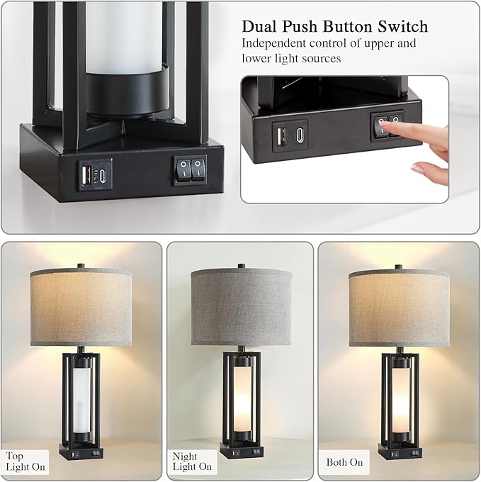 Set of 2 Modern Table Lamps for Living Room with USB C+A Ports, Rustic Nightstand Lamp with White Night Light, Retro Desk Lamp for Bedroom End Table Entryway, 4 Bulb Included (Black)
