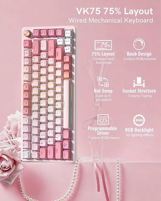 VK75 Wired Gaming Keyboard with Multimedia Control Knob, 75% Creamy Mechanical Keyboard RGB Backlit Gasket Mount with Cherry Profile PBT Keycaps, Hot Swappable Pre-lubed Linear Switch, Pink
