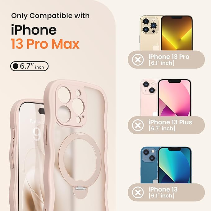 CAPRARO for iPhone 13 Pro Max Case with 360° Spin Magnetic Stand for Women, [Compatible with MagSafe] [Full Camera Protection] Cute Wave Translucent Matte Case for iPhone 13 Pro Max, Rose Gold