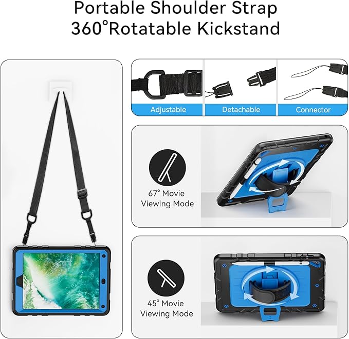 Case for iPad 6th/5th Generation 9.7'' with Screen Protector Pencil Holder [360 Rotating Hand Strap] &Stand, Drop-Proof Case for iPad 6th/5th/ Air 2/ Pro 9.7 (Black&Sky Blue)