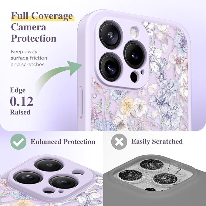 GVIEWIN for iPhone 15 Pro Max Case Compatible with MagSafe, [Military Grade Protection] [Screen Protector] Full Camera Protection Floral Translucent Women Magnetic Phone Case, Apricot Blossom/Purple