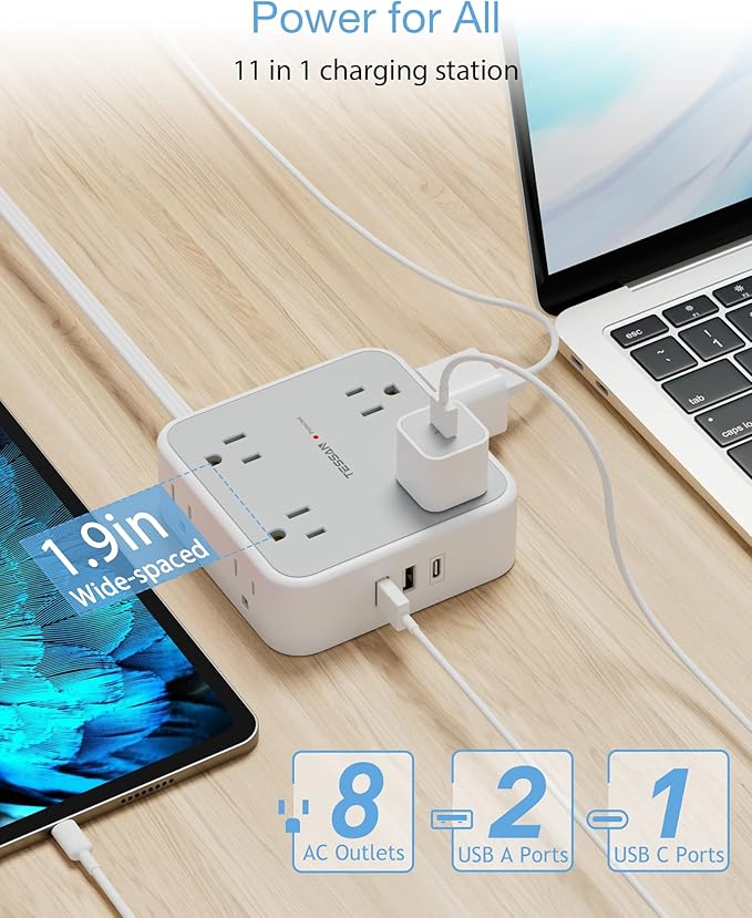TESSAN Surge Protector Power Strip, 15 Ft Flat Plug Extension Cord with 3 USB (1 USB C) 8 Outlets, 1250W, 900J Protection, 3 Sided Outlet Extender with Power Switch for Office, Dorm Room, Grey