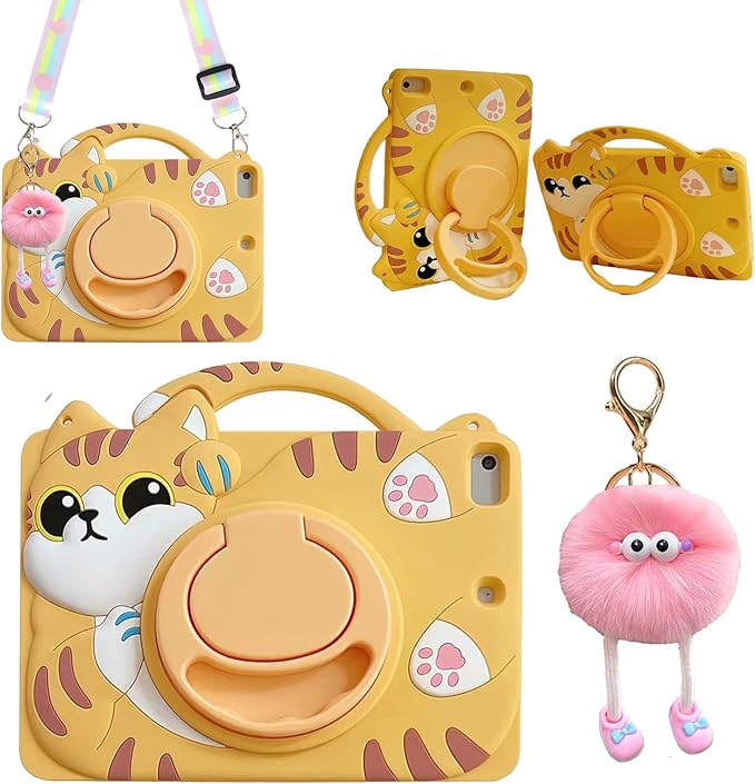 3D Cute Vivid Cat Case for iPad Air 6th/7th 11 inch 2024/2025 M2/M3(6th/7th Generation),Kawaii Cartoon Character Pretty Cat Soft Silicone Rotating Stand Case with Lanyard for Kids Teens Girls Women