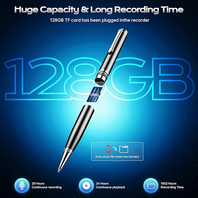 Voice Recorder with Playback, 128GB Digital Voice Activated Recorder with Intelligent Noise Reduction, Recording Device, 4800Hrs Smart Tap Dictaphone for Lectures Meeting, Class, Work, Interviews