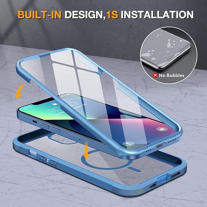 Miracase for iPhone 13 Case 6.1'', [Bubble Free] Full-Body Bumper Phone case with Built-in Full Glass Screen,No Gap,Compatible with MagSafe,Blue
