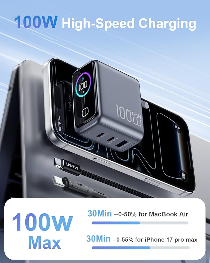 100W USB C Charger Block,3-Port PD PPS GaN Compact Foldable Plug,Smart Display Touch Control,Fast Charger with 5ft Cable for MacBook Pro/Air, iPad Pro, iPhone 17/16/15 Series,Pixel 9/8 Series,Laptop