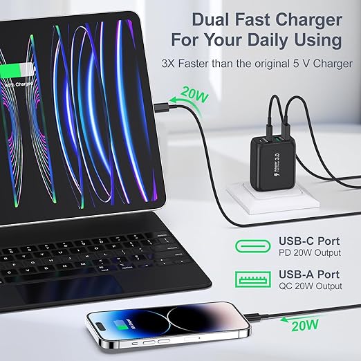 USB Charger Block, 40W 4 Port Dual QC+PD3.0 Fast Charging Block, USB C Charger Block Power Adapter Wall Plug for iPhone 15/14/13/12/11/Pro Max/XS/XR/8/7, iPad, Samsung Phone, Tablet-6FT Type C Cable