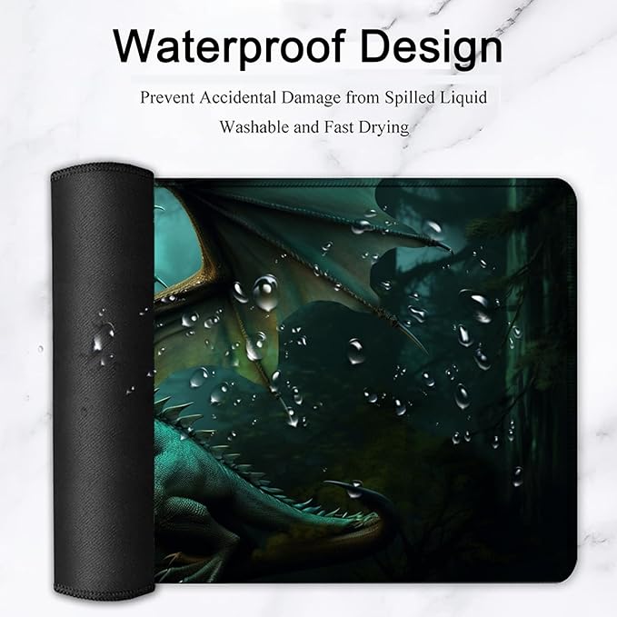 Large Mouse Pad, 31.5 x 11.8in Extended Gaming Mouse Pad with Stitched Edges, XXL Mousepad Protector Non Slip Rubber Base for Office and Home Writing Mat, Green Nature Dragon Pattern Black Desk Mat