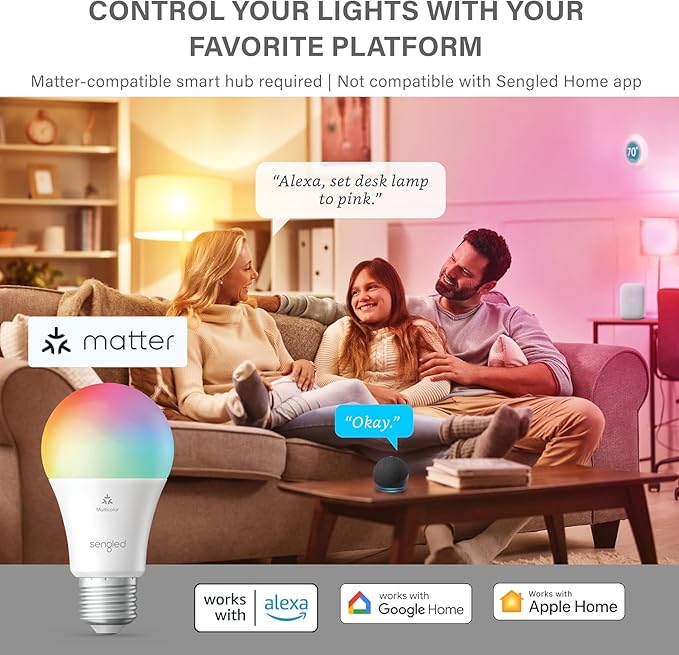 Sengled LED Smart Light Bulbs G2, Matter-Enabled, Color Changing Light Bulb, Smart Bulbs, 60W Equivalent, 800LM, Instant Pairing, 2.4 GHz, Wi-Fi, 1-Pack