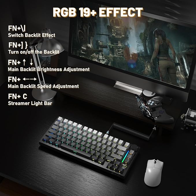 Attack Shark X820Ultra Wireless 75% Mechanical Gaming Keyboard with Screen & Knob Hot Swappable 2.4GHz/BT/Wired RGB Backlit Gasket Mount Side Print PBT Keycap QMK Web Driver Shark Switch-Moonnight