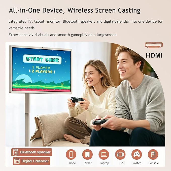21.5"/24"/27"/32" UHD 1080P/4K Smart Portable TV, 8 GB RAM+128GB, Android 13, Portable Touch Screen Monitor, Larger Battery Up to 6-8hr, Full Swivel Rotation, Remote Control 21.5"