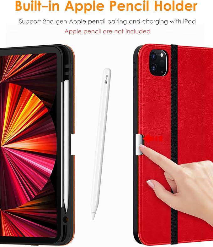 DTTO Case for iPad Pro 11 Inch 4th / 3rd / 2nd / 1st Generation 2022/2021/2020/2018,Premium PU Leather Folio Stand Cover with Hand Strap, Auto Wake/Sleep,Multiple Viewing Angles, Bright Red