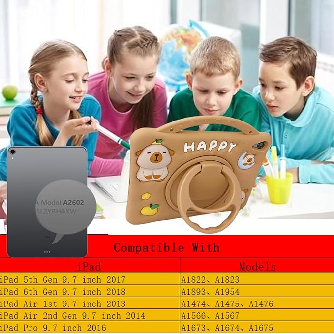 3D Cute Press Capybara Case for iPad Air 1st 2nd/iPad Pro 2016/iPad 5th 6th 9.7 inch,Kawaii Cartoon Character Capybara Soft Silicone Rotating Stand Case with Lanyard for Kids Teens Girls Women