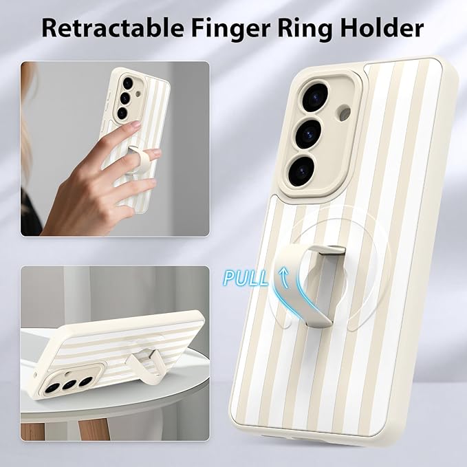 KANGHAR Compatible with Samsung Galaxy S26 Case, Support for MagSafe, Silicone Stripes Cute Pattern, Wristband Kickstand Camera Protection Soft Slim Cover for Girls Women -White
