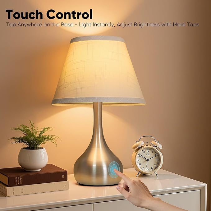 17” Touch Table Lamp for Bedroom Set of 2, 3-Way Dimmable Bedside Lamp for Nightstand, Modern Metal Desk Lamp with Linen Shade for Living Room, Kids Reading, Dorm, Home Office Decor, Bulb Included