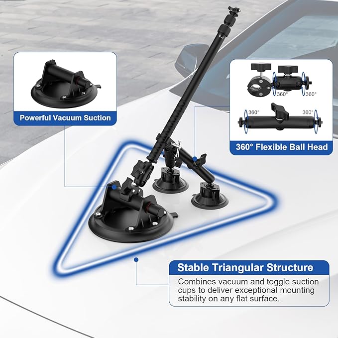Triple Suction Cup Car Mount Kit for Insta360 with Extension Pole/Selfie Stick, Strong Vacuum Suction Cup Windshield Dashboard Camera Mount for Insta360 x5, GoPro, DJI OSMO with Action Camera Adapter
