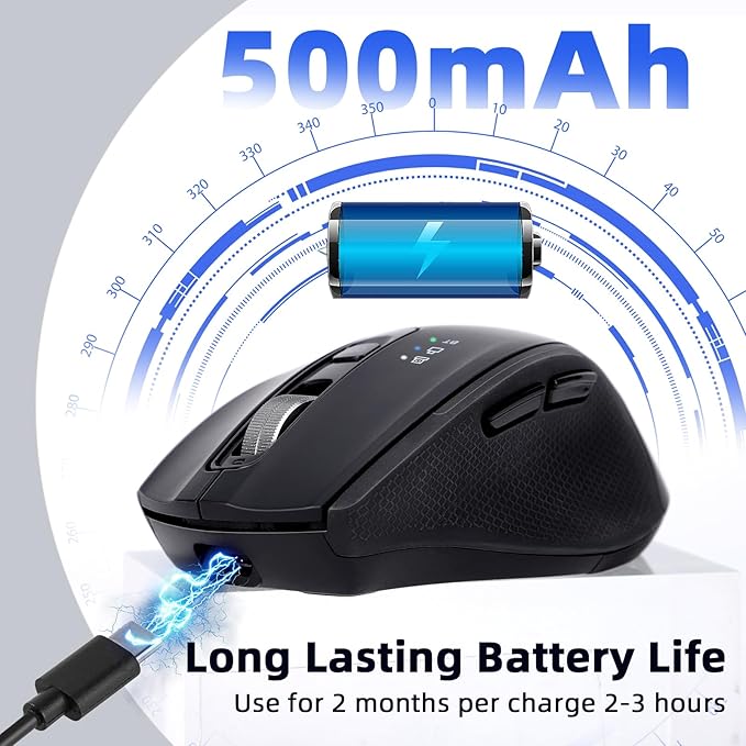 Wireless Bluetooth Mouse with USB-A, USB-C Receiver, Rechargeable, 3-Device, Full-Size, Silent Click, Ergonomic Mice for MacBook/Laptop/Computer/Tablet/PC/iPad-Black