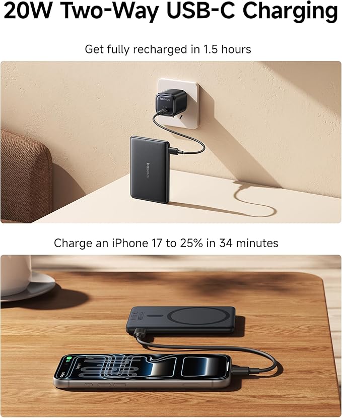 Baseus Picogo Power Bank, Smallest 5,000mAh Magnetic Wireless Charger with USB-C Braided Cable, Fast Charging Portable Battery Pack, NTC Safety Alloy Travel Essential for iPhone 7 Pro Max/17 Air/17e