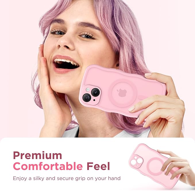 CAPRARO Cute for iPhone 15 Plus Case, Compatible with MagSafe, [Curly Wave Edge] [Full Camera Protection] [14 FT Drop Protection] Magnetic Phone Case for 15 Plus 6.7 Inch, Peach Pink