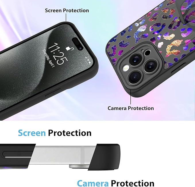 KANGHAR Compatible with iPhone 15 Pro Case, Support for MagSafe, Silicone Cute Iridescent Leopard Cheetah Pattern, Wristband Kickstand Shockproof Protective Slim Cover for Women Girls, Black