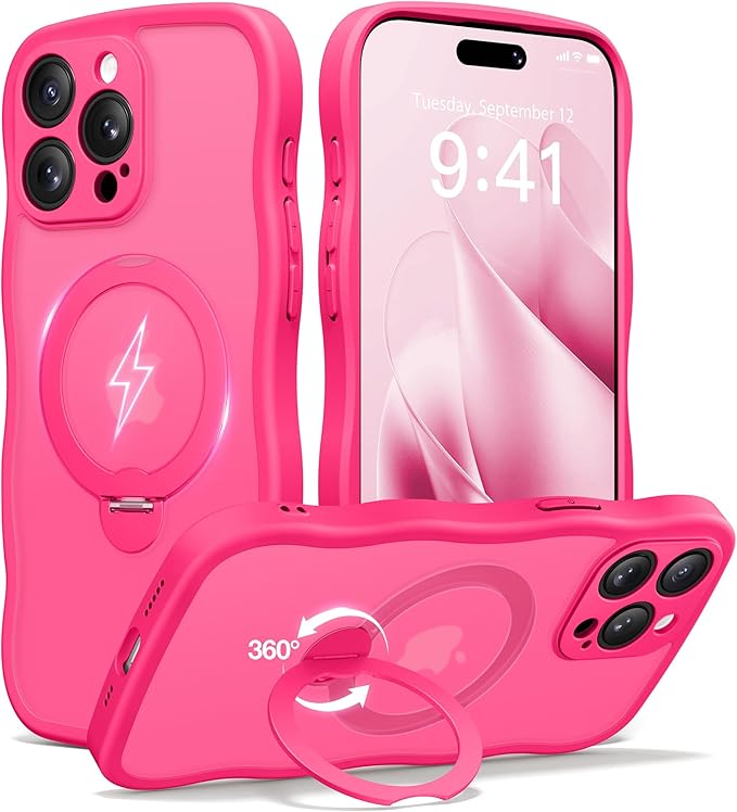 CAPRARO for iPhone 15 Pro Case with 360° Spin Magnetic Stand for Women, [Compatible with MagSafe] [Full Camera Protection] Cute Wave Translucent Matte Case for iPhone 15 Pro, Hot Pink
