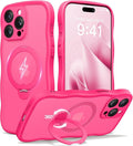 CAPRARO for iPhone 15 Pro Case with 360° Spin Magnetic Stand for Women, [Compatible with MagSafe] [Full Camera Protection] Cute Wave Translucent Matte Case for iPhone 15 Pro, Hot Pink
