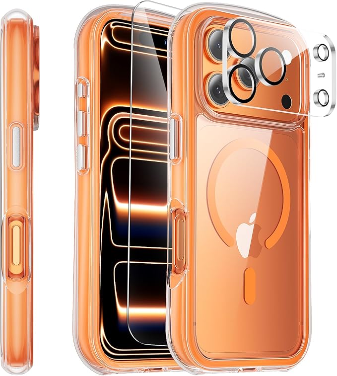 3-in-1 Air for Heavy Duty iPhone 17 Pro Max Case with Screen Protector & Camera Lens Protector,[Fits MagSafe][Military-Grade Protection] [Built-in Airbag] Shockproof Case for 17 Pro Max(Clear-Orange)