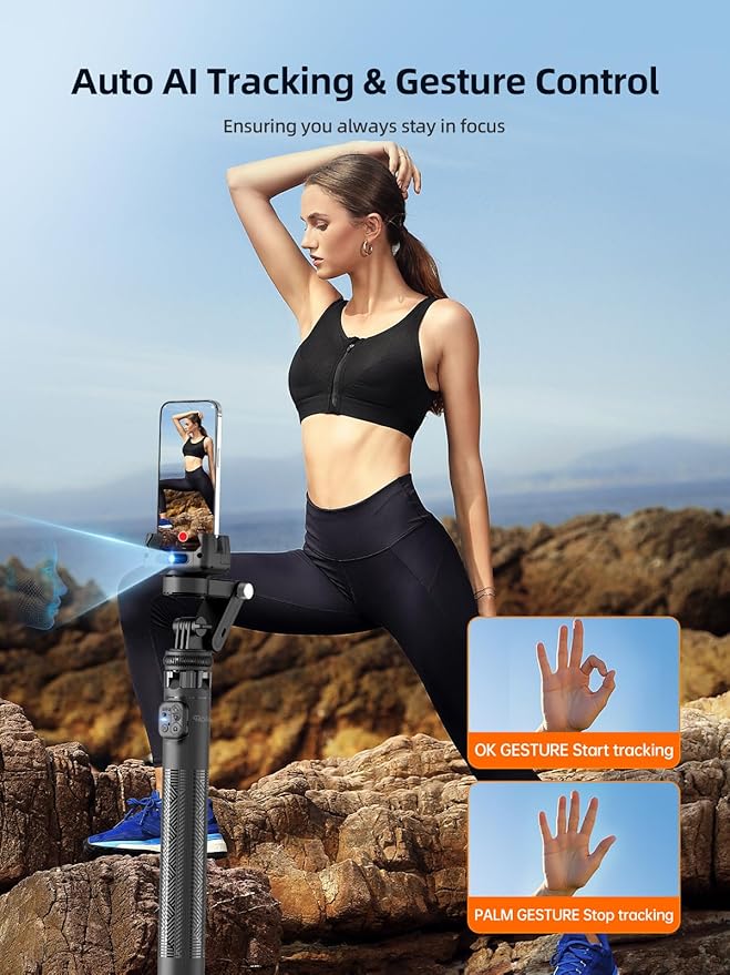 Rollei Auto Face Tracking Tripod, Smartphone Gimbal Stabilizer 61'' Selfie Stick Tripod Holder 360° Rotation for iPhone/Android Stand for Filming Streaming Tiktok Video Vlog