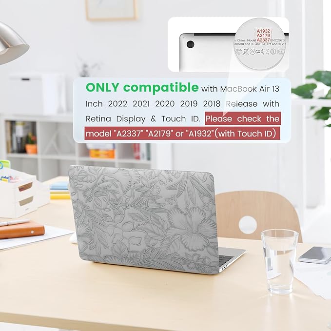 iCasso Compatible with MacBook Air 13 inch Case 2020 2019 2018 Release A1932 A2179 M1 A2337, Texture Leather Plastic Hard Shell Case + Keyboard Cover + Screen Protector, Grey Embossed Floral