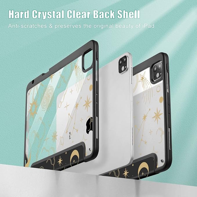 Tuiklol for iPad Pro 12.9 Inch 6th/5th/4th/3rd Generation 2022 2021 2020 2018 Case,Built-in Pencil Holder Clear Transparent Protective Back Shell Cover with Auto Sleep/Wake, Moon and Star