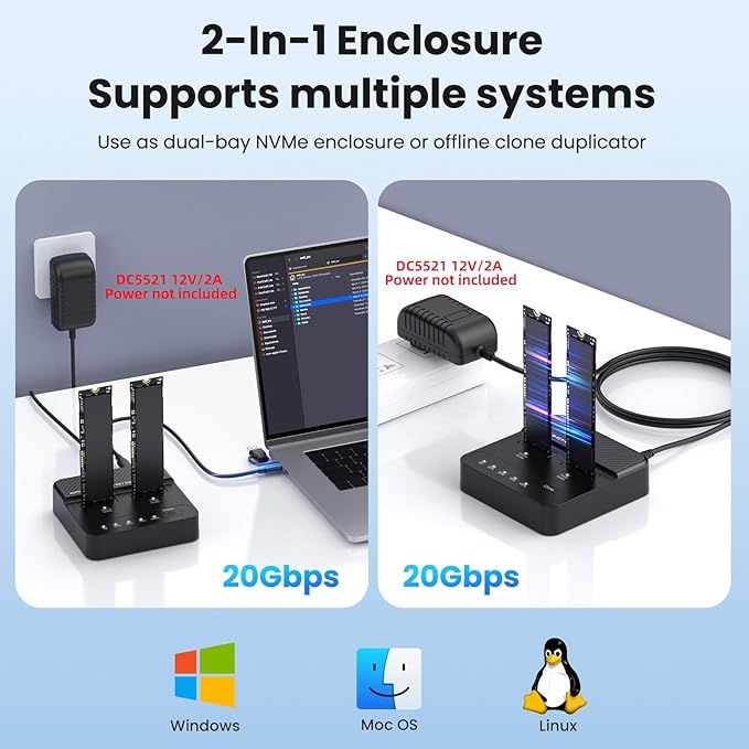 Cloner Dual-Bay NVME M.2 M-Key to USB-C Type-C One-Click Offline Clone Backup Enclosure 20Gbps Hyper Vertical Duplicator