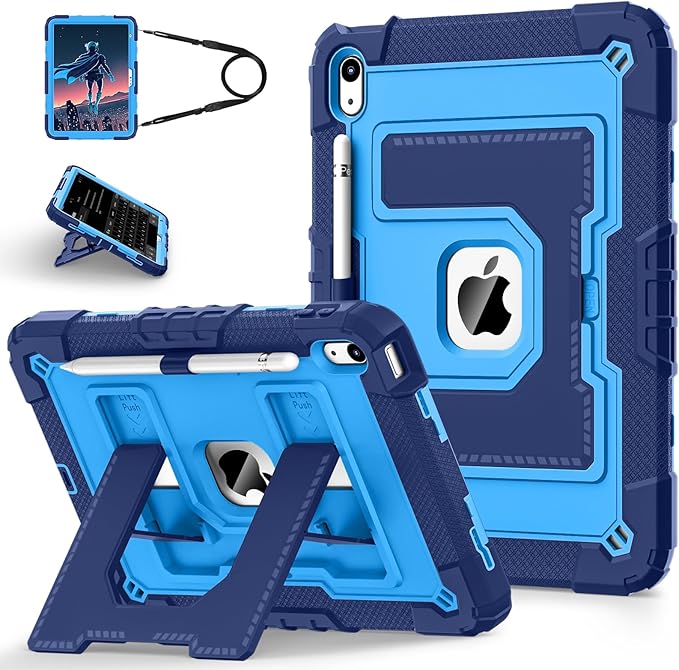 for 2025 iPad (A16) 11th /10th Generation 2022 10th Gen iPad Case with Pencil Holder Shoulder Strap,Military Grade Shockproof for i Pad Covers 11.0/10.9 Inch,Navy Blue